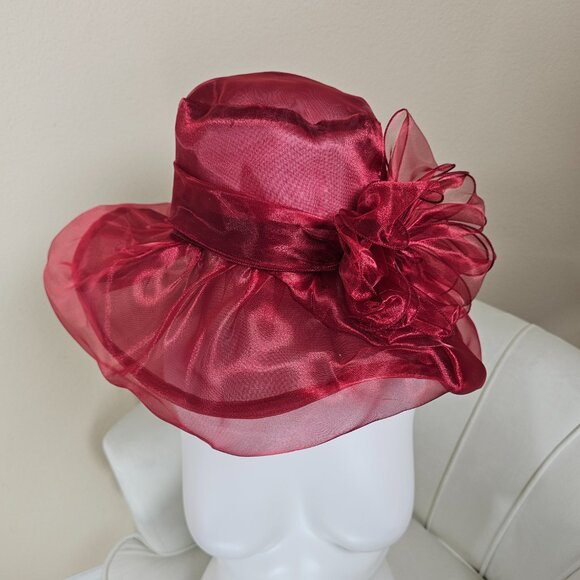 Burgundy Wine Red Organza Kentucky Derby Hat Wide Brim Church Wedding Fascinator - Picture 5 of 5